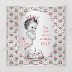 Vintage Princess Roses 1st Birthday Cake Silver Invitation