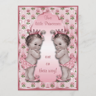 Vintage Princess Twins and Pink Roses Baby Shower Invitation