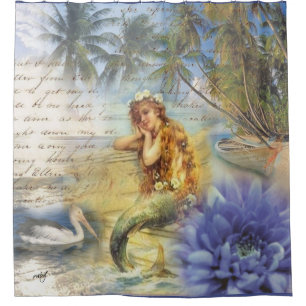 vintage print mermaid shower curtain