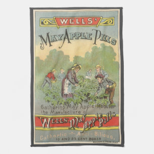 Vintage Product Label Art, Wells May Apple Pills Tea Towel