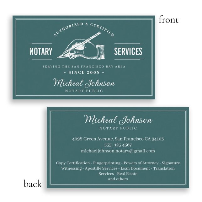 Vintage Professional Teal Custom Notary Services  Business Card (Vintage Notary Services Professional Teal Custom Business Card)