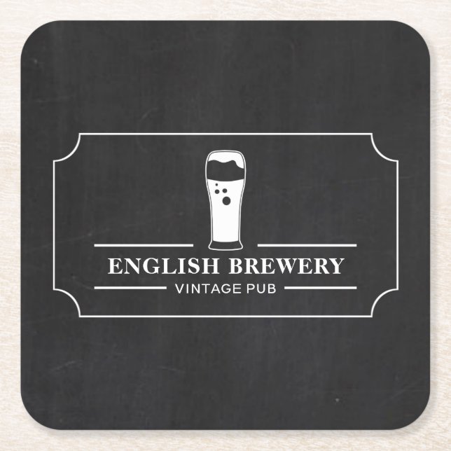 Vintage Pub Chalkboard, Pub/Brewery Square Paper Coaster (Front)