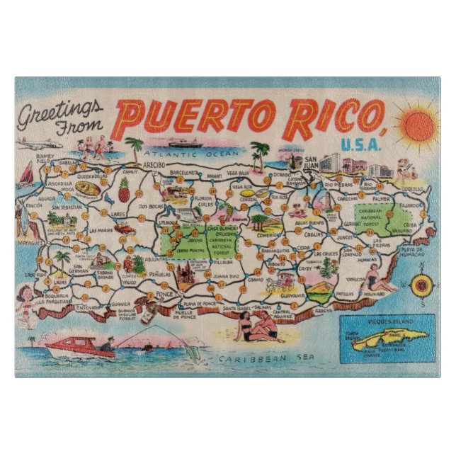 Vintage Puerto Rico Map Cutting Board (Front)