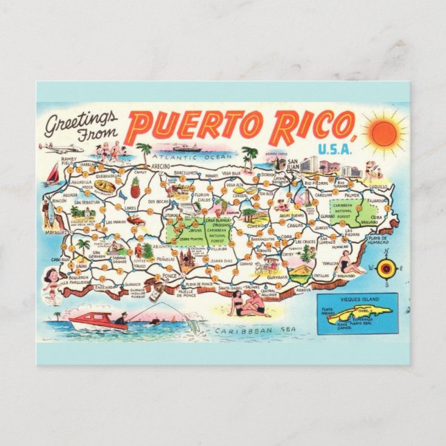 Vintage Puerto Rico Map Postcard (Front)