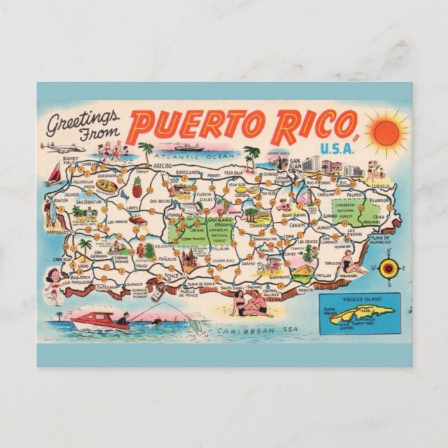 Vintage Puerto Rico Map Postcard (Front)