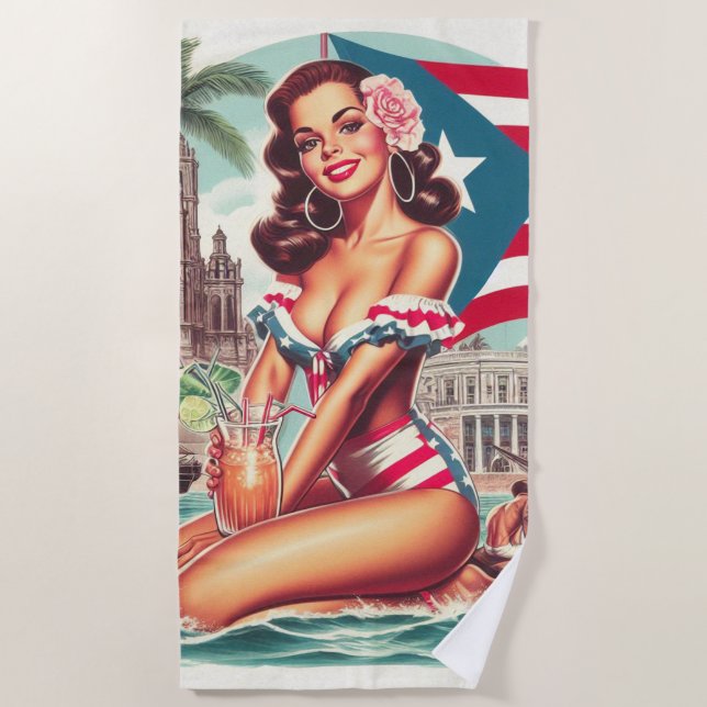 Vintage Puerto Rico Pin-Up Beach Towel (Front)