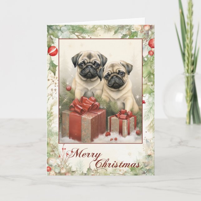 Vintage Pug Christmas Holiday Card (Front)
