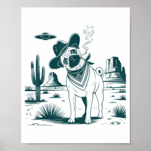 Vintage Pug Cowboys Ufo Western Funny Dog T-shirt_ Poster
