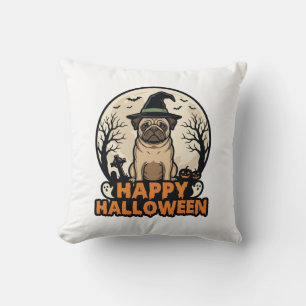 Vintage Pug Happy Halloween Witch Hat Shirt Design Cushion