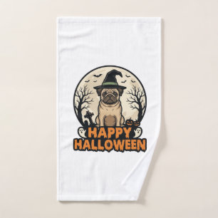 Vintage Pug Happy Halloween Witch Hat Shirt Design Hand Towel
