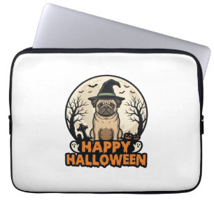 Vintage Pug Happy Halloween Witch Hat Shirt Design Laptop Sleeve