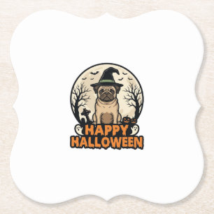 Vintage Pug Happy Halloween Witch Hat Shirt Design Paper Coaster