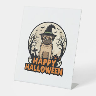 Vintage Pug Happy Halloween Witch Hat Shirt Design Pedestal Sign