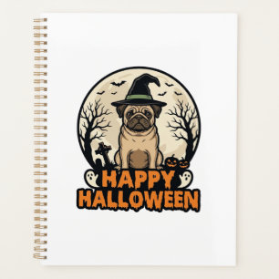 Vintage Pug Happy Halloween Witch Hat Shirt Design Planner
