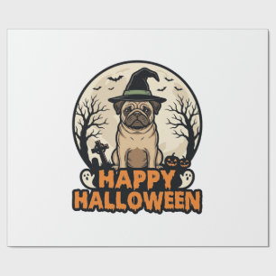 Vintage Pug Happy Halloween Witch Hat Shirt Design Wrapping Paper