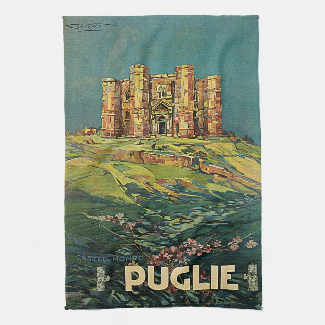 Vintage Puglia Italy Castle Travel Tea Towel (Vertical)