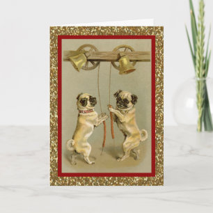 vintage pugs ringing new year bells holiday card