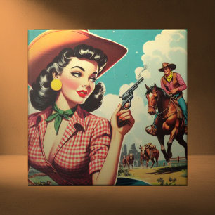 Vintage Pulp Cowgirl Illustration Ceramic Tile