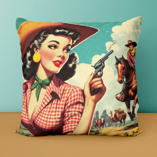 Vintage Pulp Cowgirl Illustration Cushion