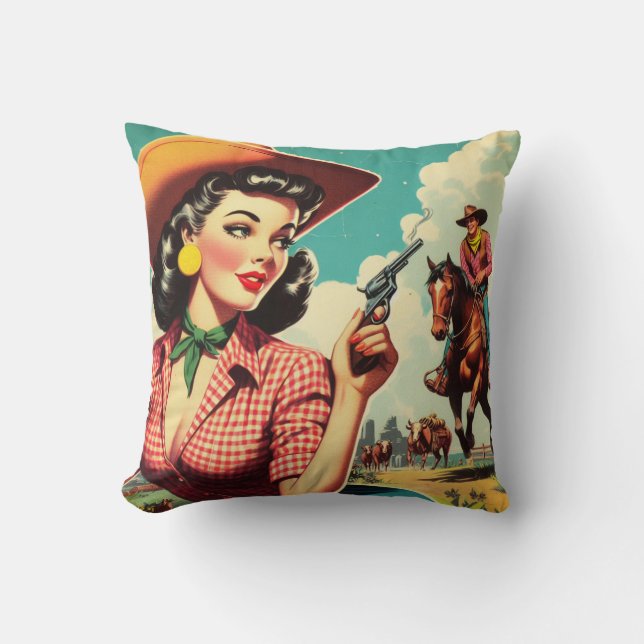 Vintage Pulp Cowgirl Illustration Cushion (Front)