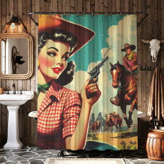 Vintage Pulp Cowgirl Illustration Shower Curtain