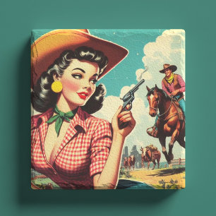 Vintage Pulp Cowgirl Illustration Stone Coaster