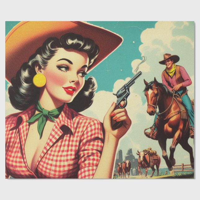 Vintage Pulp Cowgirl Illustration Wrapping Paper (Flat)