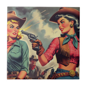 Vintage Pulp Cowgirls Illustration Ceramic Tile