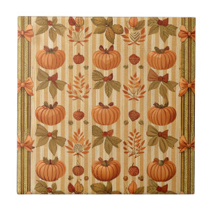 Vintage Pumpkin and Bow Autumn Pattern Ceramic Tile