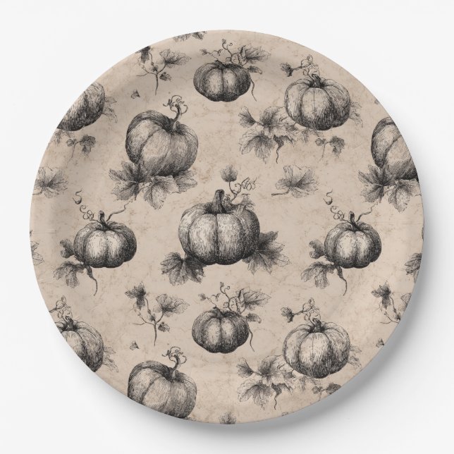 Vintage Pumpkin and Vine Engraving Pattern Paper Plate (Front)