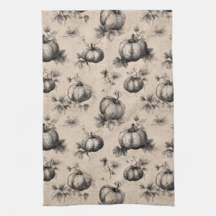 Vintage Pumpkin and Vine Engraving Pattern Tea Towel