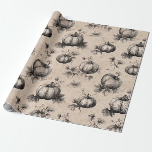 Vintage Pumpkin and Vine Engraving Pattern Wrapping Paper