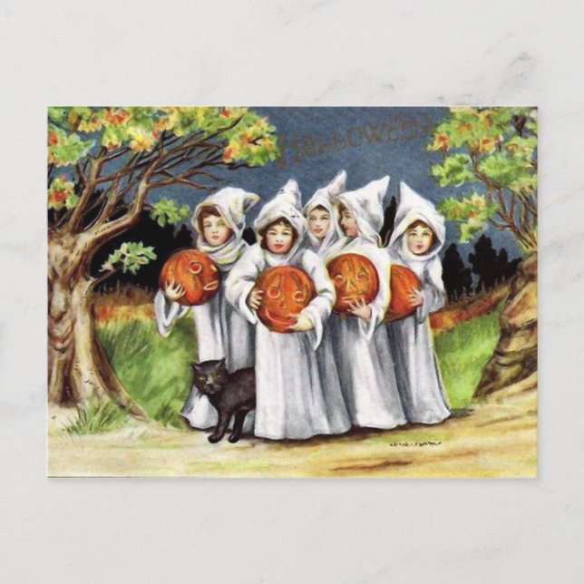 Vintage pumpkin black cat kids Halloween postcard (Front)