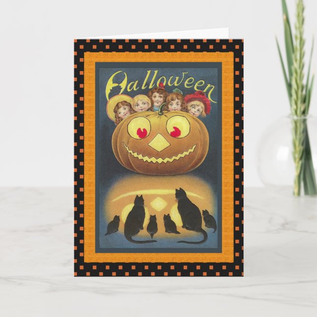 Vintage Pumpkin Head and Black Cats Halloween Card (Front)