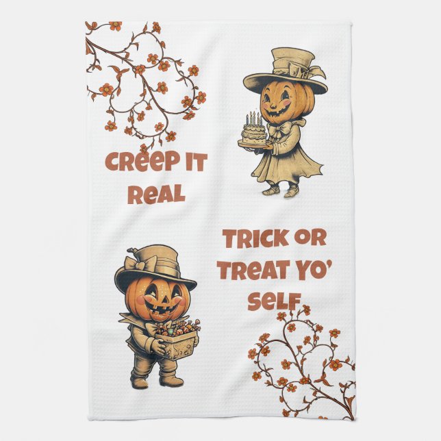 Vintage Pumpkin Pals Halloween Tea Towel (Vertical)