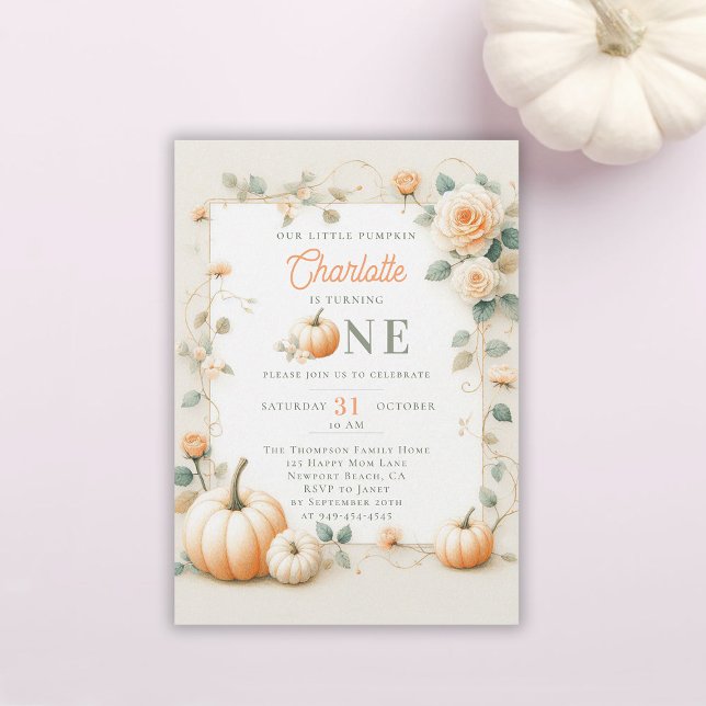 Vintage Pumpkin Roses Frame Girly 1st Birthday Invitation (pumpkin 1st birthday invitation girl botanical floral frame watercolor girly cute modern vintage)