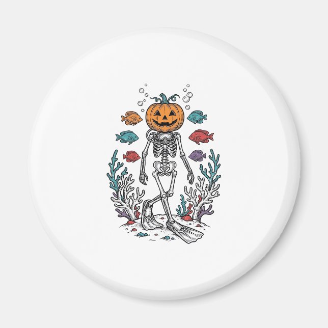 Vintage Pumpkin Skeleton Diver Halloween Fish Desi Magnet (Front)
