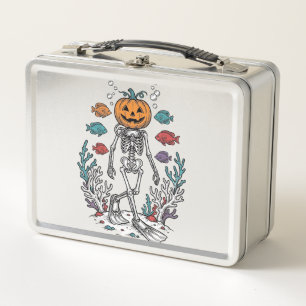 Vintage Pumpkin Skeleton Diver Halloween Fish Desi Metal Lunch Box
