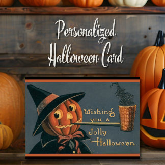 Vintage Pumpkin Witch and Pipe Custom Halloween Holiday Card