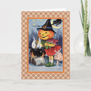 Vintage Pumpkin Witch Cauldron Halloween Card
