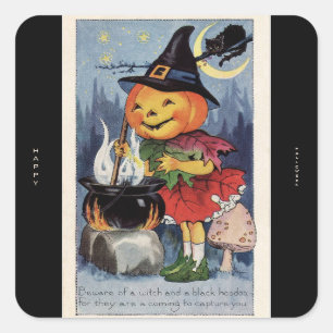Vintage Pumpkin Witch Happy Halloween Square Sticker