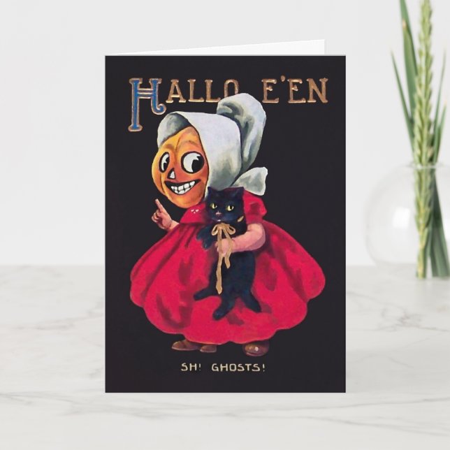 Vintage Pumpkin with a Cat Halloween Card (Front)