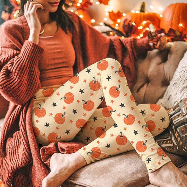 Vintage Pumpkins and Stars Halloween Cream Leggings (Creator Uploaded)