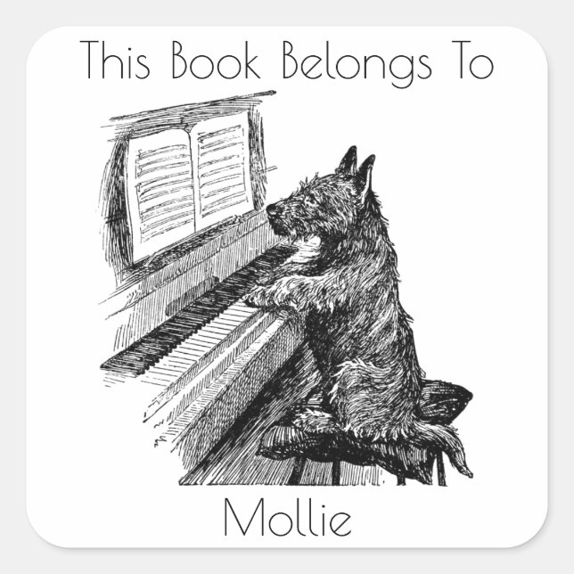 Vintage Pup Playing the Piano Bookplate Square Sticker (Front)