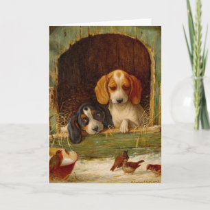 Vintage - Puppies & Visiting Birds, Holiday Card