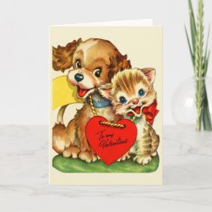 Vintage Puppy and Kitten Valentine's Day Card