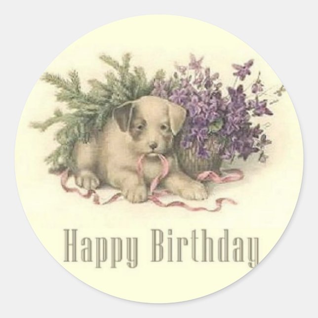 Vintage Puppy Birthday Sticker (Front)