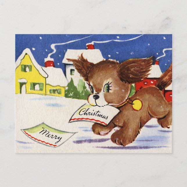 Vintage Puppy Christmas Holiday Postcard (Front)