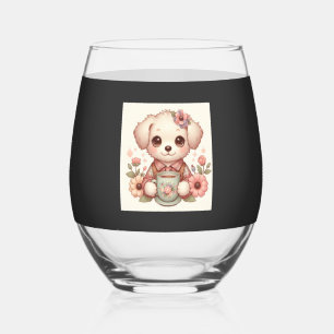 Vintage Puppy with Floral Teacup Stemless Wine Glass