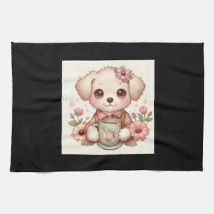 Vintage Puppy with Floral Teacup Tea Towel